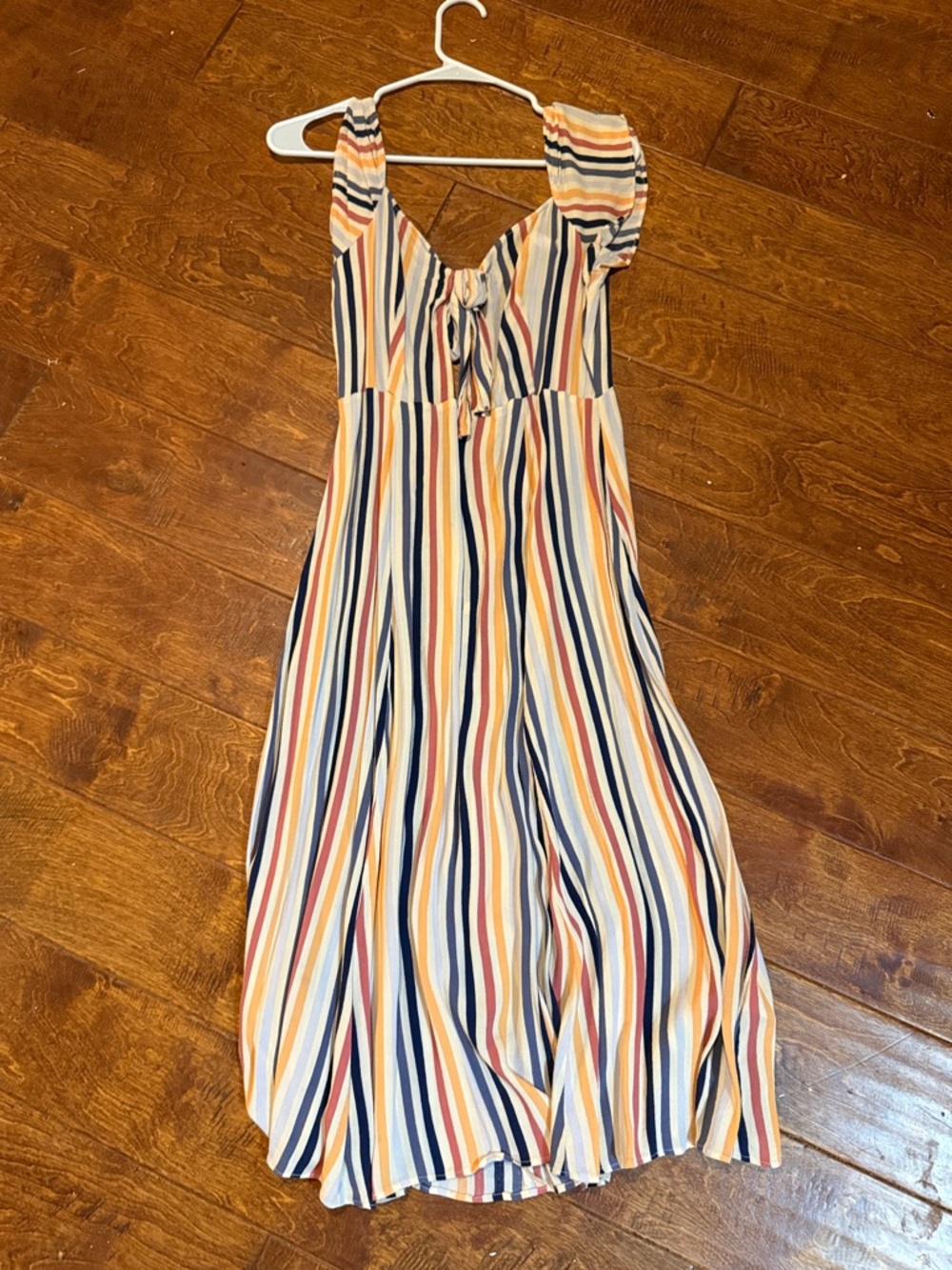 Striped Tie-Front Midi Dress in Navy, Mustard & Coral